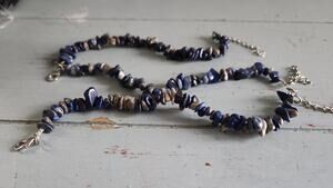 Lapis Lazuli Gemstone Chip Bracelet Blue Multi Strand Silver Tone Set of 3